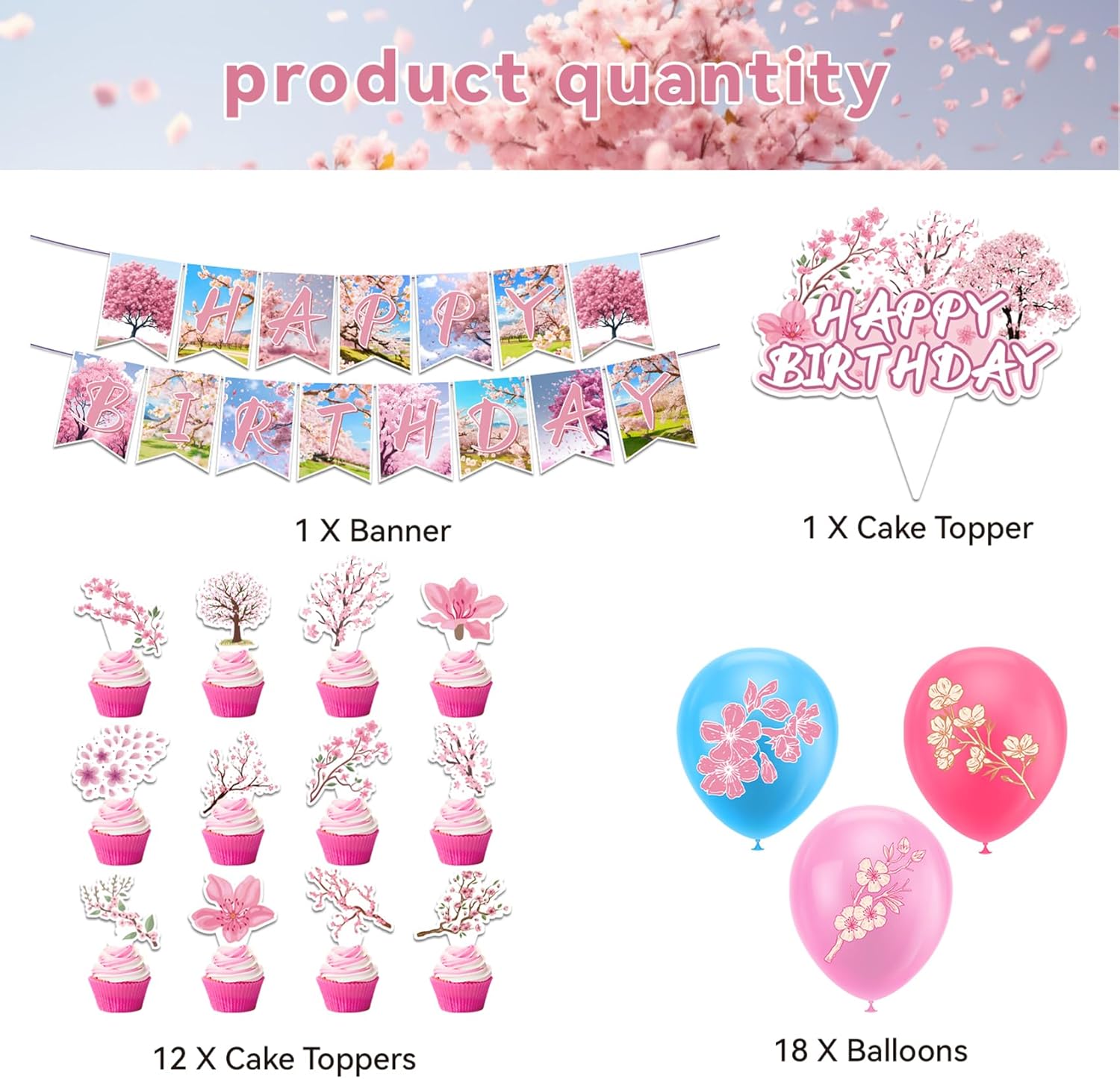 Cherry Blossom Party Decorations Cherry Blossom Birthday Party Supplies Japanese Decorations Includes Birthday Banner Cake Topper Cupcake Toppers Balloons for Wedding Bridal Baby Shower Decorations - Image 2