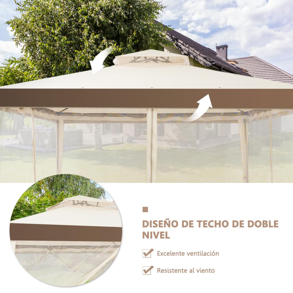 RELAX4LIFE Carpa 3x3m con Mosquitera, Tela Impermeable, Doble Techo, UPF 50+, Cortinas de Malla Extraíbles con Cremallera, Pergola de Jardín con Estacas de Tierra para Patio y Terraza (Beige)