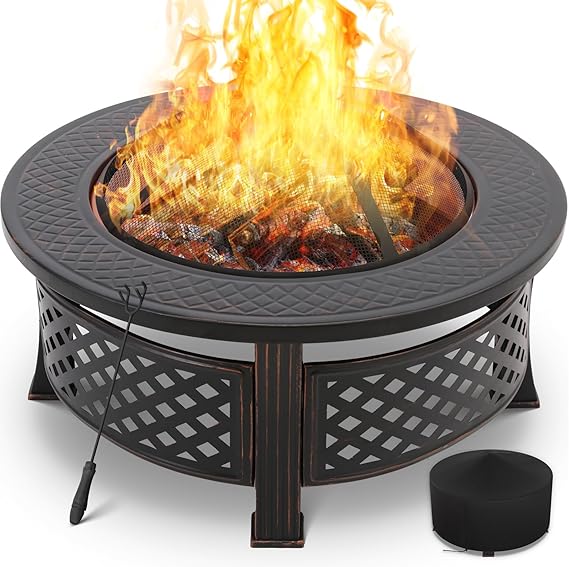 TLSUNNY 3 in 1 Outdoor Fire Pit BBQ Fire Pit Garden Fireplace 80 x 80 x 54 cm Winter Heater with 304 Stainless Steel Grill, Spark Guard, Fire Fork