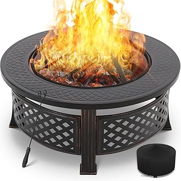 TLSUNNY 3 in 1 Outdoor Fire Pit BBQ Fire Pit Garden Fireplace 80 x 80 x 54 cm Winter Heater with 304 Stainless Steel Grill, Spark Guard, Fire Fork