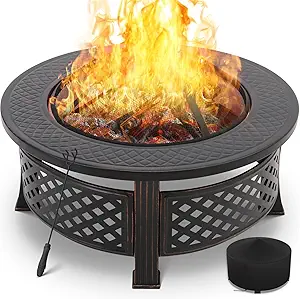 TLSUNNY 3 in 1 Outdoor Fire Pit BBQ Fire Pit Garden Fireplace 80 x 80 x 54 cm Winter Heater with 304 Stainless Steel Grill, Spark Guard, Fire Fork