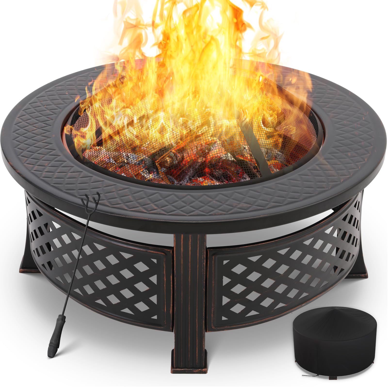 TLSUNNY Braciere da Giardino, Braciere da Esterno Multifunzionale, Braciere Rotondo con Parascintille e Griglia per galvanizzata, outdoor fire pit 80x80x50 cm, per Spiaggia, Camping,Riscaldamento,BBQ