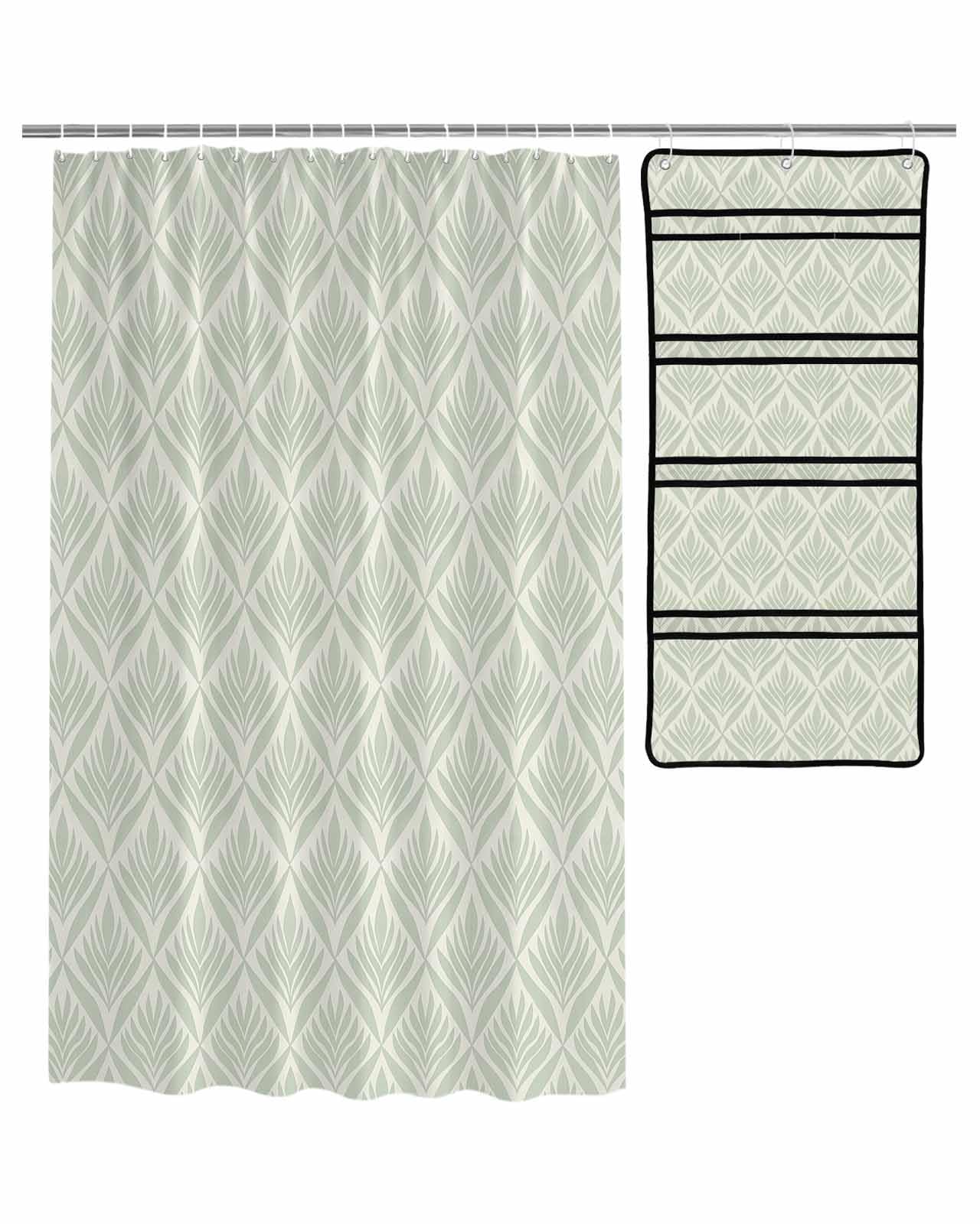 Floral Shower Curtain Mesh Shower Organizer Hanging Set Retro Green Modern Abstract Geometric Waterproof Shower Curtains with 10