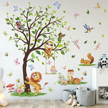 Woodland Animals Wall Decals Large Tree Baby Nursery Wall Stickers Peel and Stick Removable Kids Room Decor, 70x51 inches