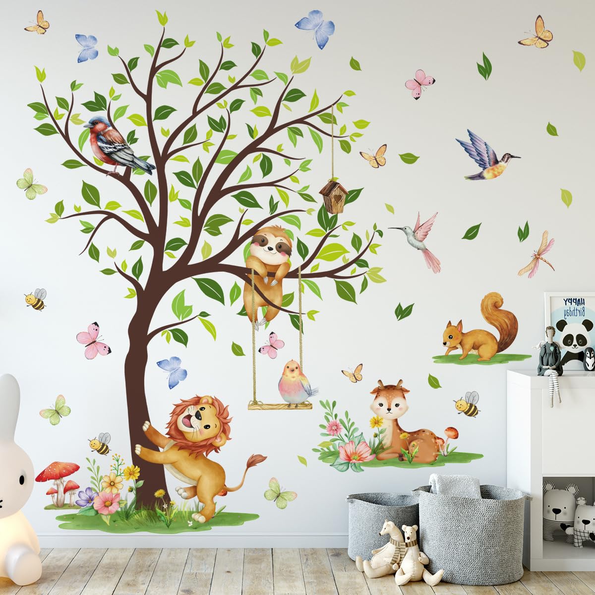 Autocollants muraux animaux de la forêt grand arbre au design aquarelle pour décoration soignée