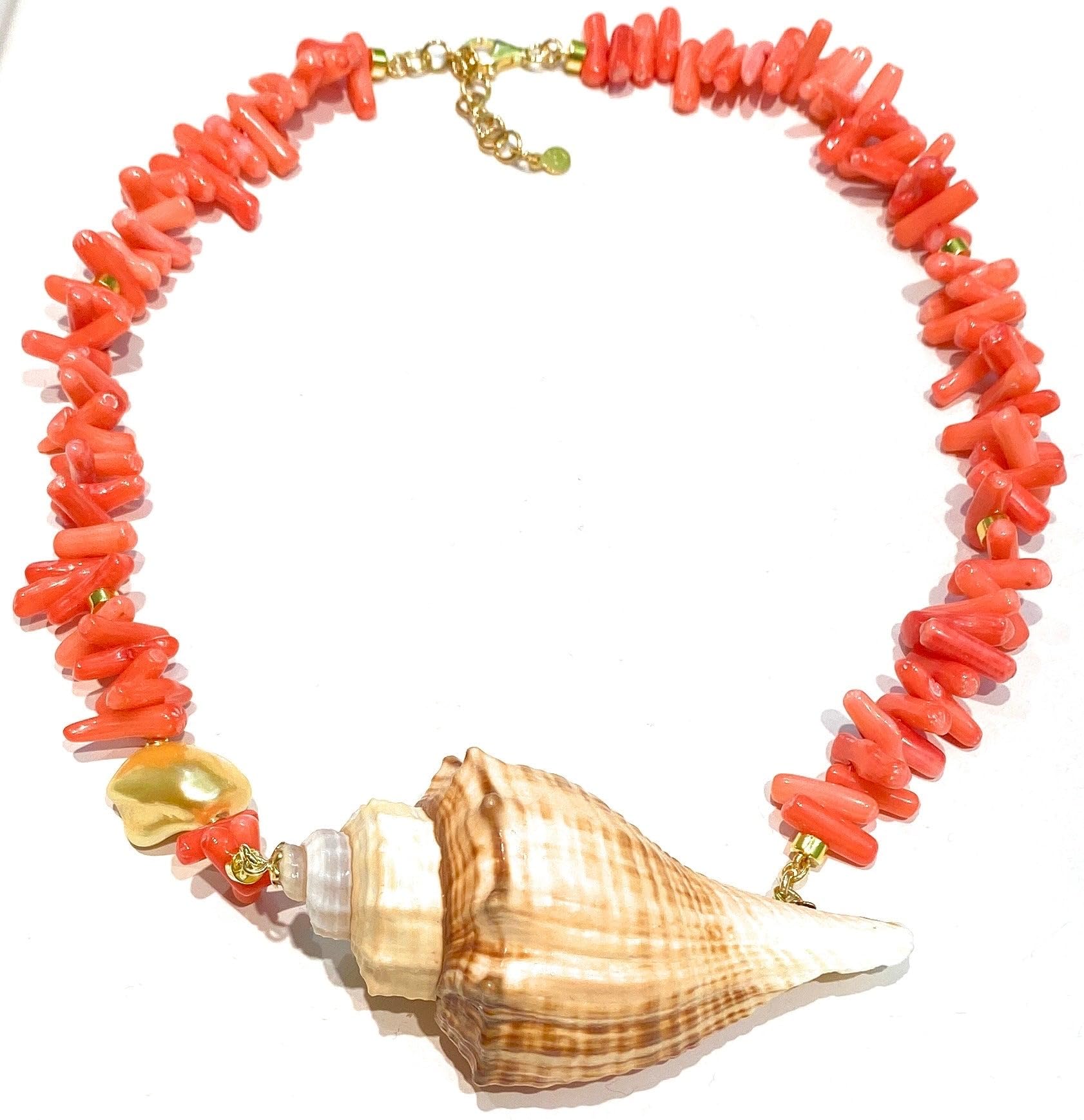 Collana Choker con Corallo Bamboo e Conchiglia Marina, 44 cm, Argento 925 Placcato Oro, Arancione