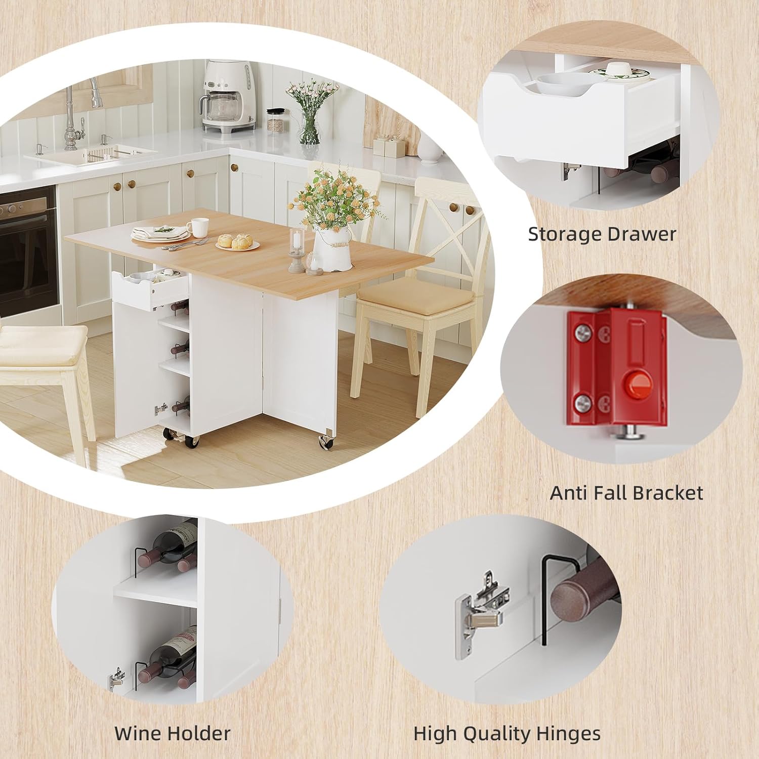 Folding Dining Table, Dinner Table with Drawer and Storage and Shelves, Space Saving Dining Table with 6 Wheels, Kitchen Table for Small Spaces (Light Brown)