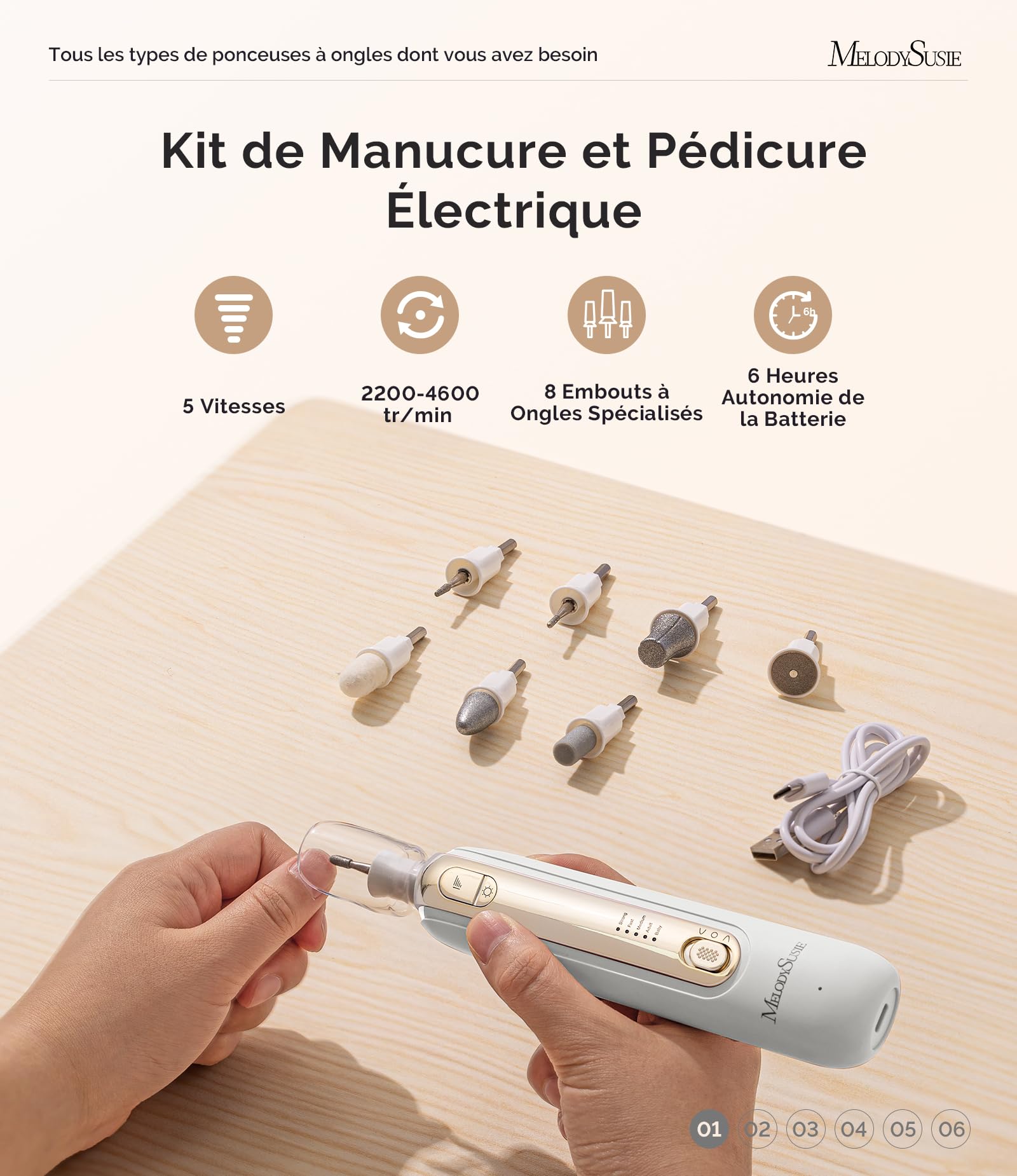MelodySusie ponceuse pour ongles PC760G , Kit Manucure Pédicure avec 8 Embouts & Lumière LED 360°, 5 Vitesses Réglables, Rechargeable Sans Fil pour Soins à Domicile (Blanc&Or)