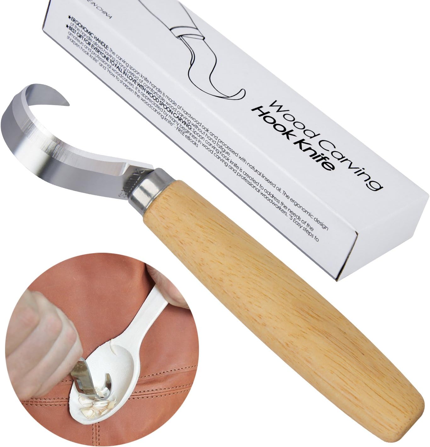 SIMILKY Wood carving tools knives for carving spoons bowls kuksa and cups -Tools Roll Leather Strop and Polishing Compound Hook Sloyd Detail Knife-Right-Handed