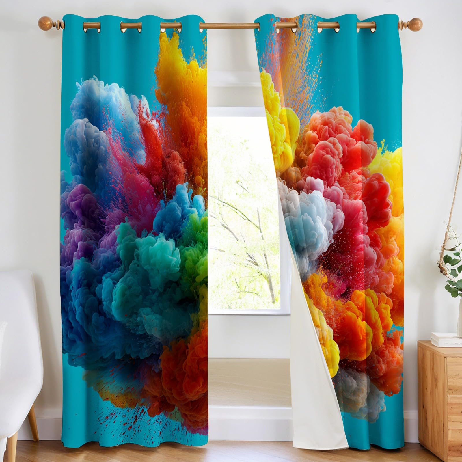 Fantaisie Spatiale Rideaux Occultants Thermiques Nuages colorés Lot de 2 Œillets, Imprimés 3D Opaques, Isolation Phonique et Anti Froid pour Chambre Enfant et Salon 110L X 215H cm