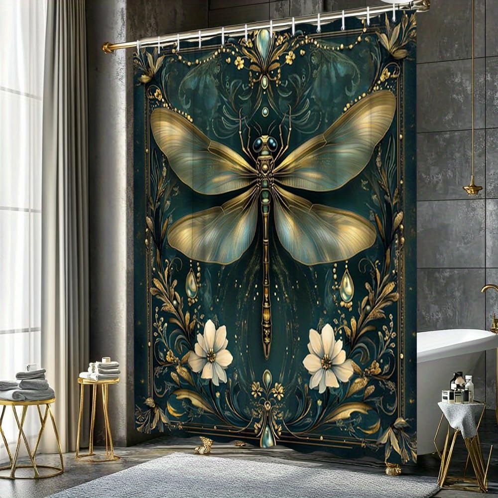 GLWDMB 1 Piece 150x180CM Golden Teal Wings Dragonfly Printed Shower Curtain With Hook, Polyester, for Windows And Walls, Bathtub, Bathroom, Machine Washable, All Season Universal