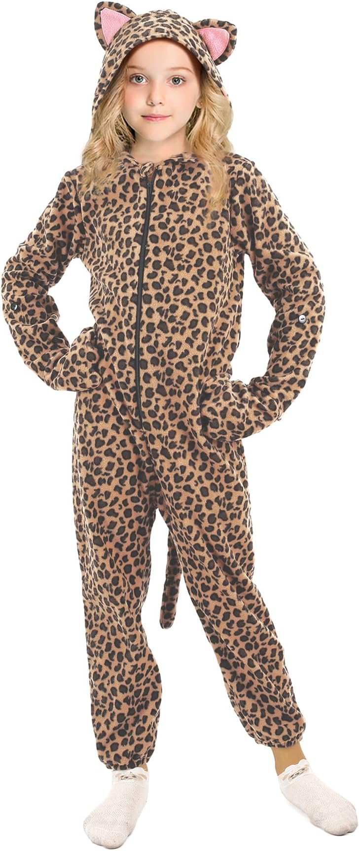 Cheetah Costume for Kids Leopard Onesie Costume for Boys Girls Halloween Animals Onepiece Costume for Kids 9-10Years