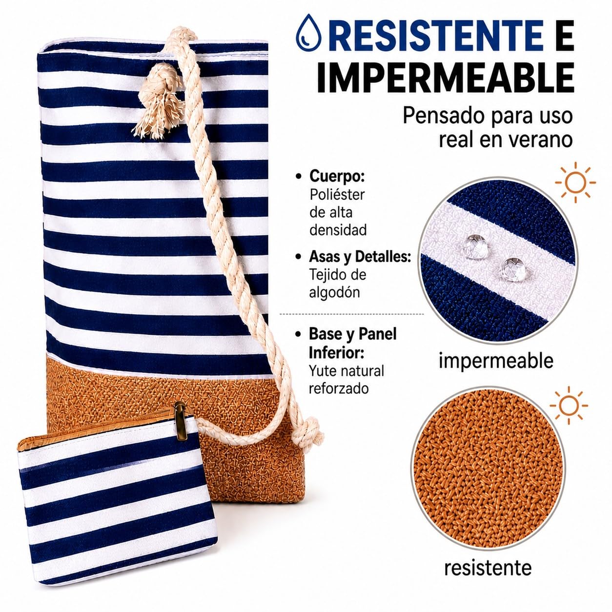 AlfaHome - Bolso playa mujer grande con cremallera – Bolsa playa impermeable con neceser adicional, bolso verano mujer resistente y elegante para playa, piscina o uso diario (50x35x15 cm, 22L)