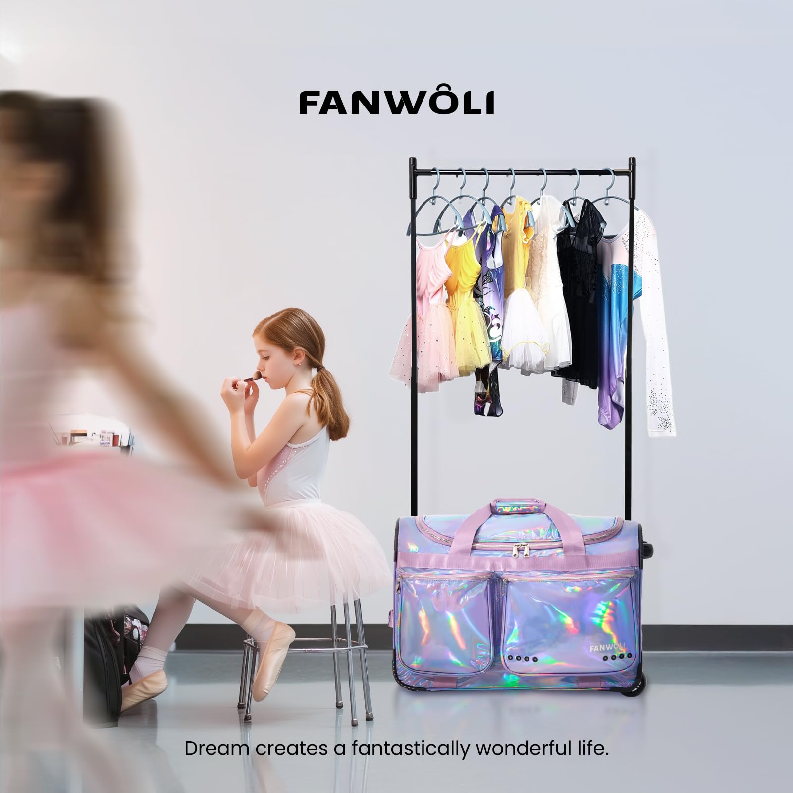 Fanwoli Tanztasche mit Kleiderständer, Prism-Glowing-Kollektion, wasserdicht, schillernder Stoff, ideale Wettkampftasche für Tänzer, Cheerleader, kleine Prinzessin, 58,4 cm, Meerjungfrau Seablue, 23