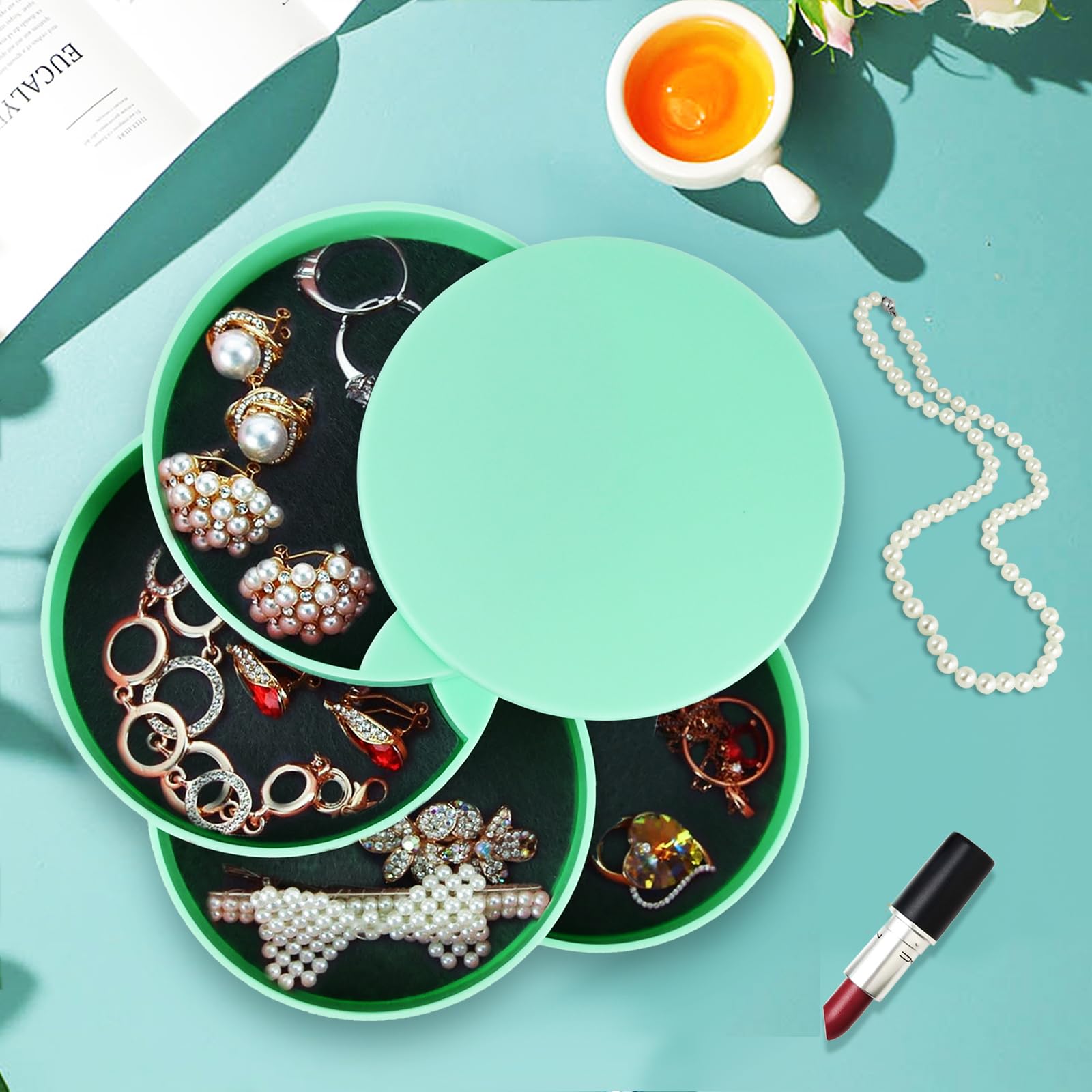 Portagioie Rotondo A 4 Strati Ulikey - Organizer Da Viaggio Per Anelli, Orecchini E Collane, Bianco - Foto 5