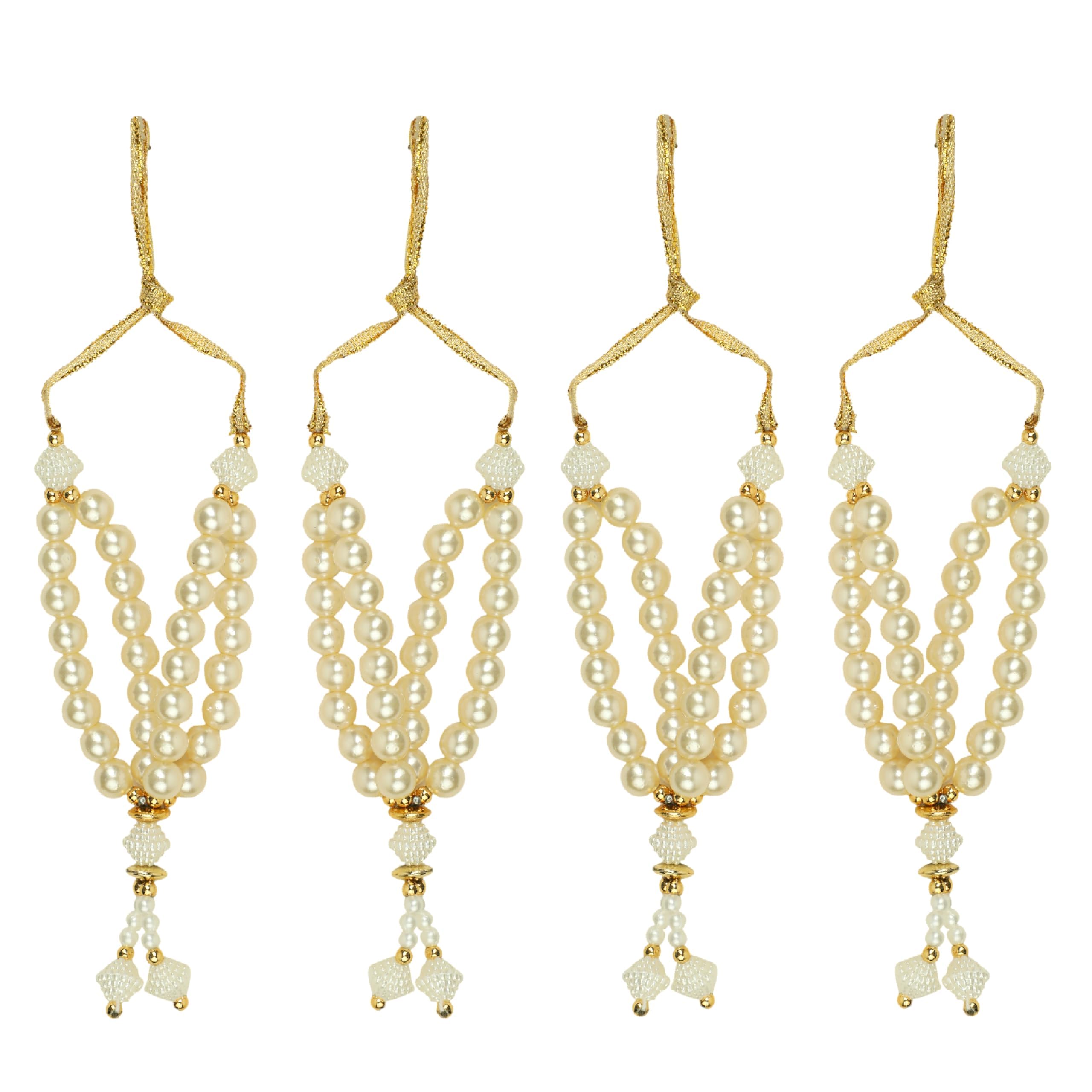 Set of 4 Mala Artificial Beaded Moti Mala Ribbon Garland Mala for Idol-Mala for God Statues Accessories Pooja Sringar Articles Ornament for Indian Traditional Ganesha Decoration (Size:-2.5")(White)