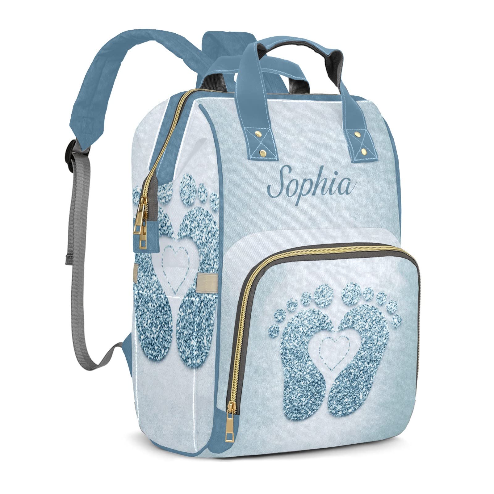 Blue Heart Feet Mommy Bag for Baby Girl Custom Diaper Bag Backpack Waterproof Multi-Function Travel Camping Picnic Diaper Carrying Bag