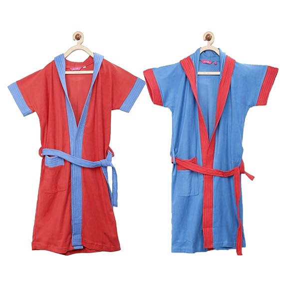 Sand Dune - Set of 2 Kids Hood Bathrobe for Boys - 100% Terry Cotton Bathrobe Gown - Half Sleeves, Knee Length, Pocket with Waist Belt - Combo of 2 Children Hodded Bath Robe is Available for Age Group Between 4 to 13 Years & Available in 2 Colors Cherry Red & Blue with Border (Pack of 2)