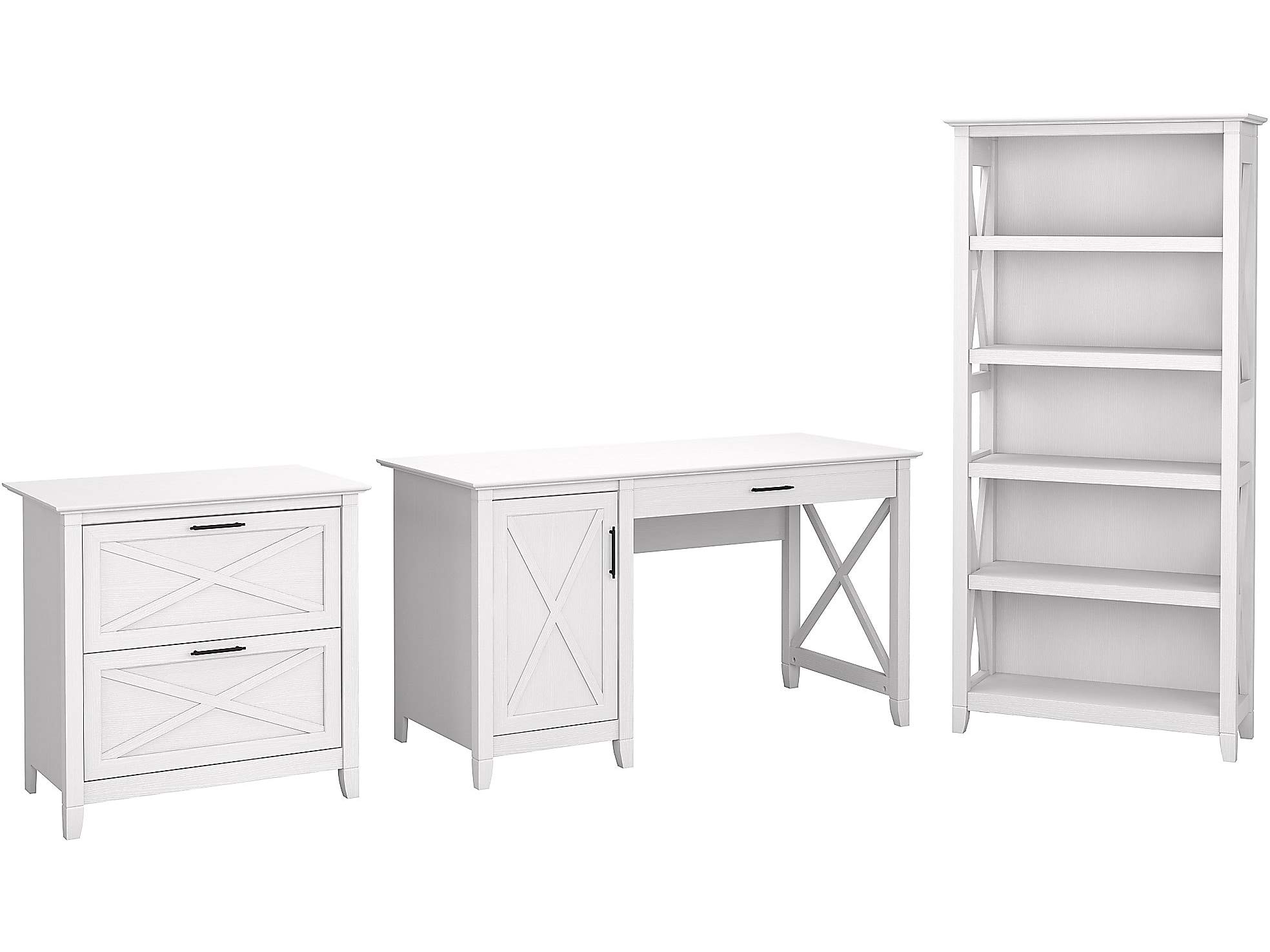 Bush Furniture Key West 54W Computer Desk with 2 Drawer Lateral File Cabinet and 5 Shelf Bookcase in Pure White Oak