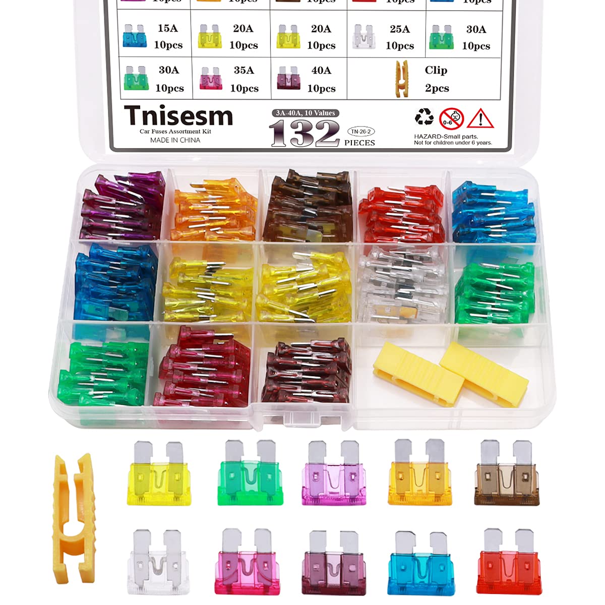 Tnisesm 132 Pcs Car Blade Fuses Assortment Kit, Standard Size (3A / 5A / 7.5A / 10A / 15A / 20A / 25A / 30A /35A / 40A) Replacement Fuses for Marine, Auto, RV, Boat, Truck Tn-26-2