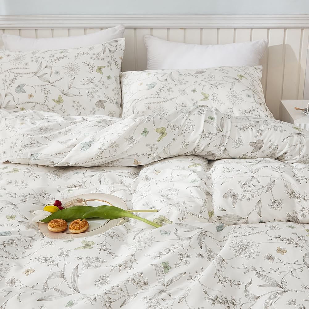 Housse De Couette 200x200 Cm 100% Coton - Motif Fleurs Roses Et Feuilles Vertes Sur Fond Beige - 3 Pièces (Housse + 2 Taies 65x65) - 2