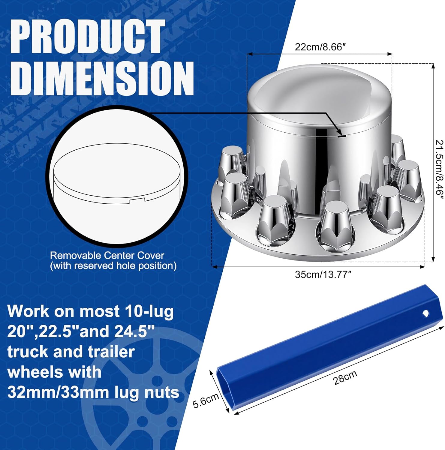 JiiinMiiin 33mm Axle Cover Chrome Dome Combo Kit Thread-On Lug Nut Covers with 4 Rear Axle Wheel Covers Removable Hub Caps for Semi Truck (Installation Tool Included)