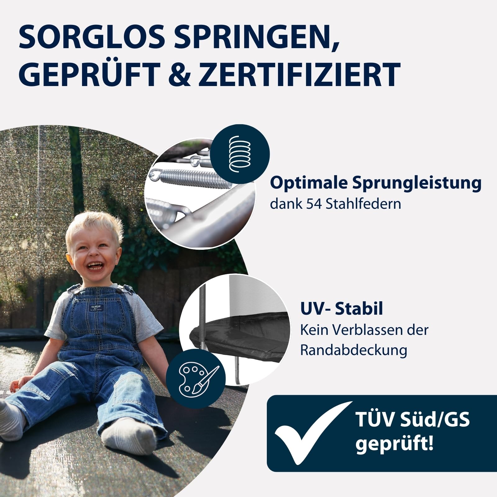 HUDORA Trampolin First in versch. Größen - Trampolin Outdoor mit UV-Stabiler Randabdeckung & Sicherheitsnetz - Gartentrampolin für Kinder & Erwachsene - hochwertiges Kindertrampolin