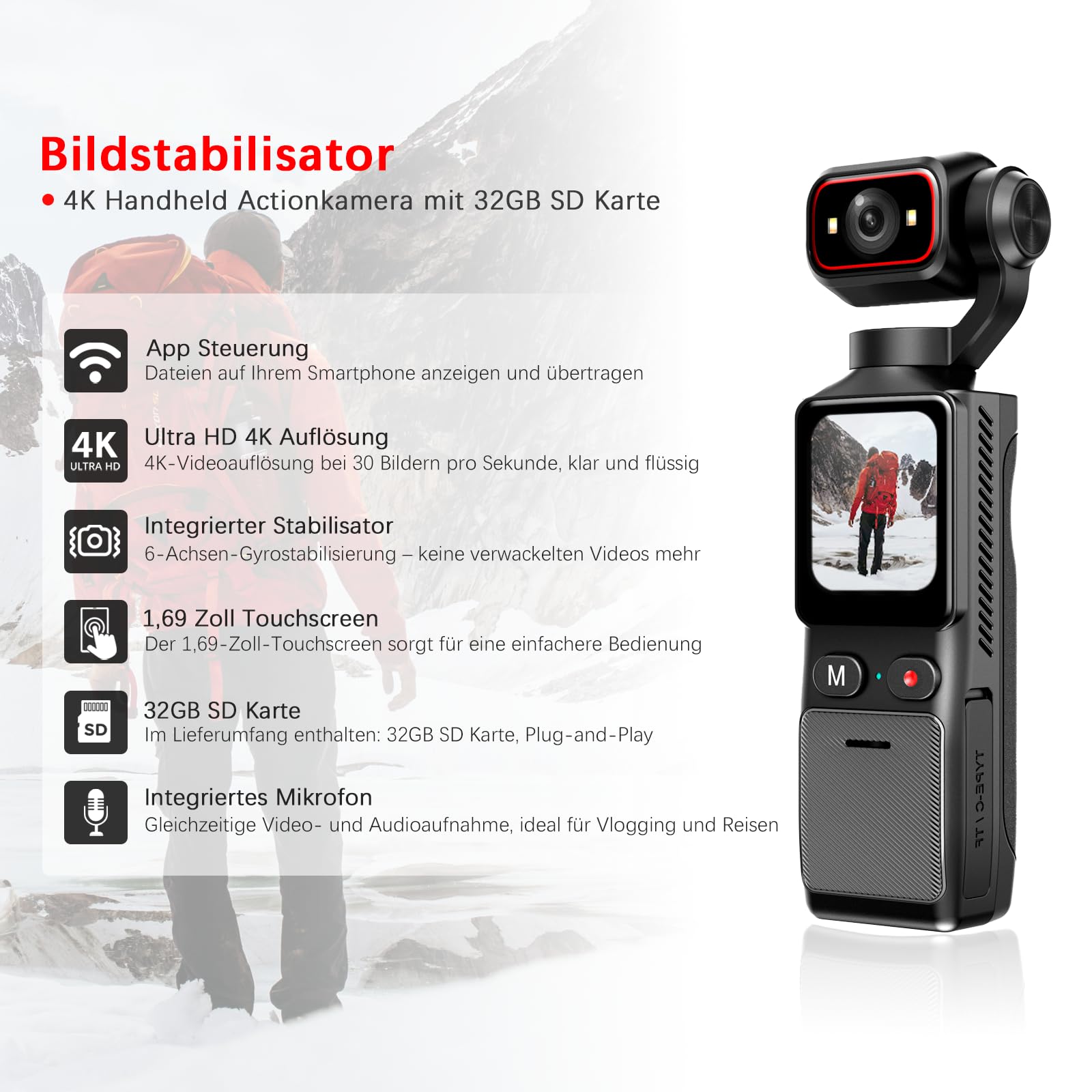 4K Mini Vlogging Camera Action Cam, Mini Pocket Vlog Kamera Live Übertragung Handy mit 32GB SD Karte, Tragbar Bildstabilisator Aktion Kamera mit Touchscreen und Langer Akkulaufzeit