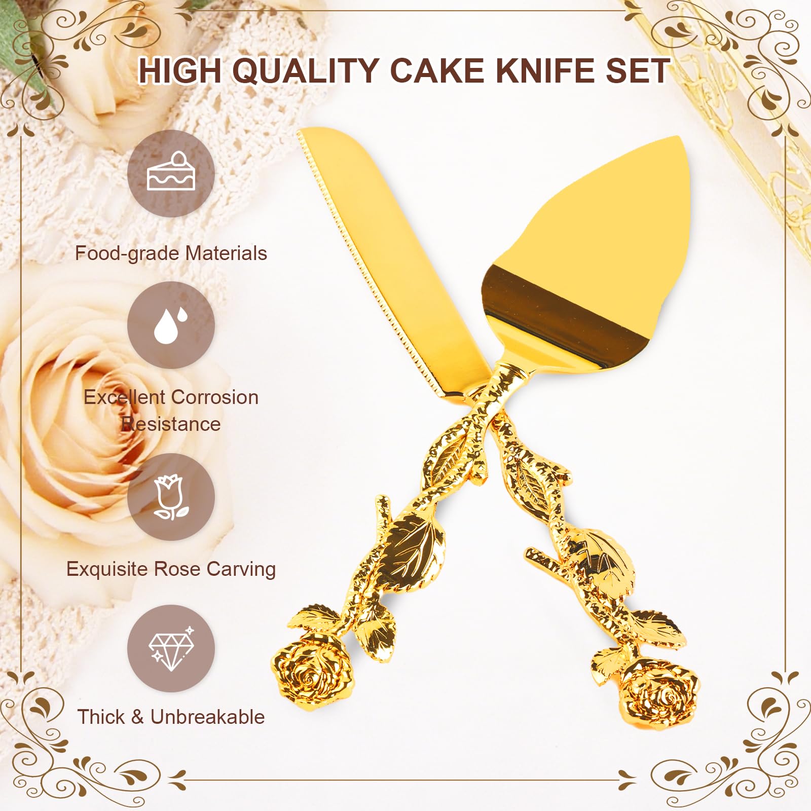 Gold Rose Cake Knife & Server Set - Vintage Wedding -4