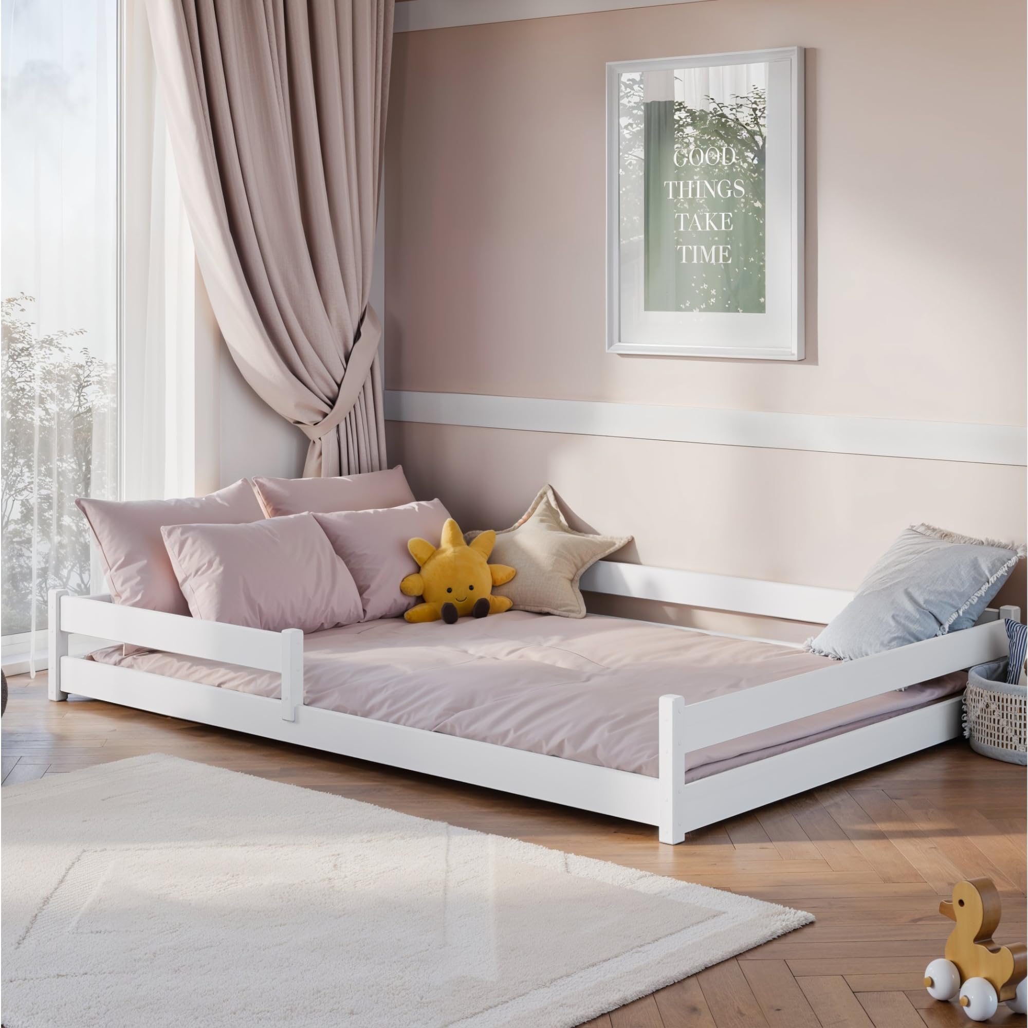 Kids Collective Kinderbett Bodenbett 140x200 cm mit Rausfallschutz & Lattenrost Montessori Bett Bed Gitterbett Kinder Jugendbett Einzelbett optional mit Matratze | weiß