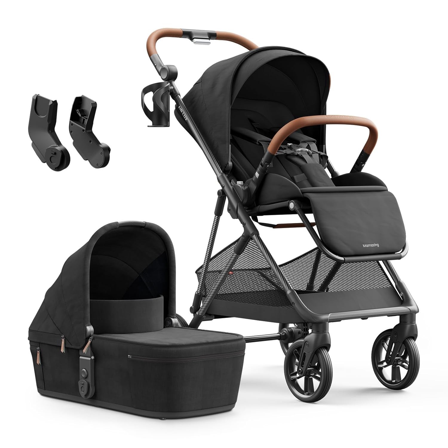Air Lux Baby Stroller with Bassinet & Infant Car Seat Adapter, Lightweight Compact Carbon Fiber Frame, One-Hand Fold, Reversible Seat, Space-Saving Storage