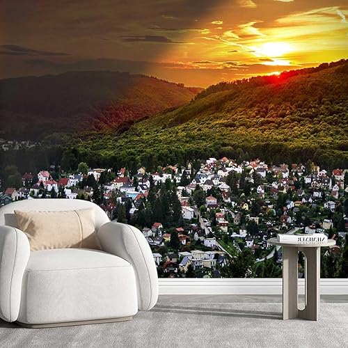 Vinyl Wallpaper Landscapes Sunset Papel para Pared Decorativo Night Scenery for Bedroom Easy to Clean (W) 78.7" X(H) 78.7"