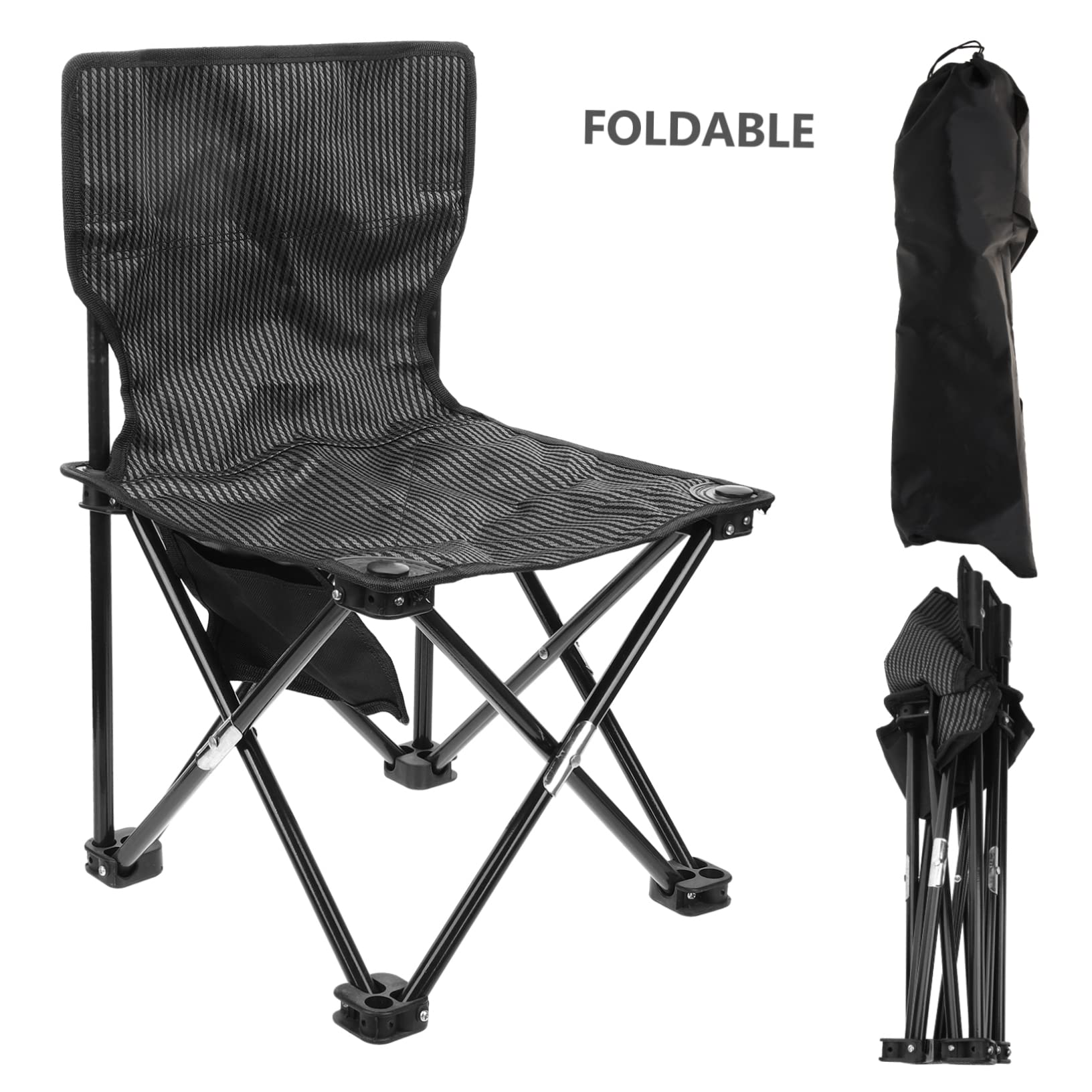 SUPVOX Sedia Pieghevole Portatile da Campeggio Nero, Stile Leggero | Oxford Cloth e Tubo in Acciaio, con Borsa per Trasporto, Attività All'aperto, Angoli Arrotondati