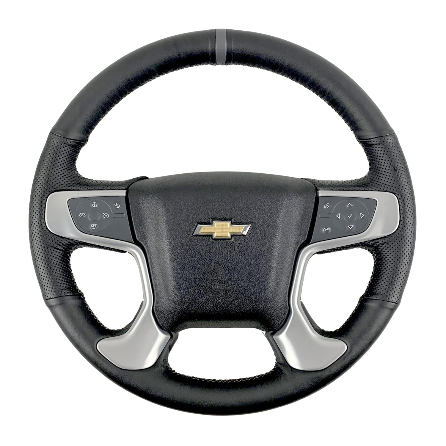 Hand-Sewing Steering Wheel Wrap Cover Black Perforated Leather/Grey Marker Strip Wrap Interior Protection Accessories for GMC Denali/Yukon/GMC Sierra 1500 2500 3500 2014 2015 2016 2017 2018 2019