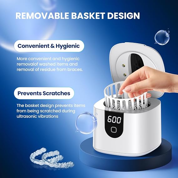 45kHz Ultrasonic Retainer Denture Cleaner Machine, Fast Cleaning for Aligners, Mouth Guards, Braces, Toothbrush Heads & Jewelry, 200ML Dental Cleaning Pod, 4 Modes & Digital Timer, White