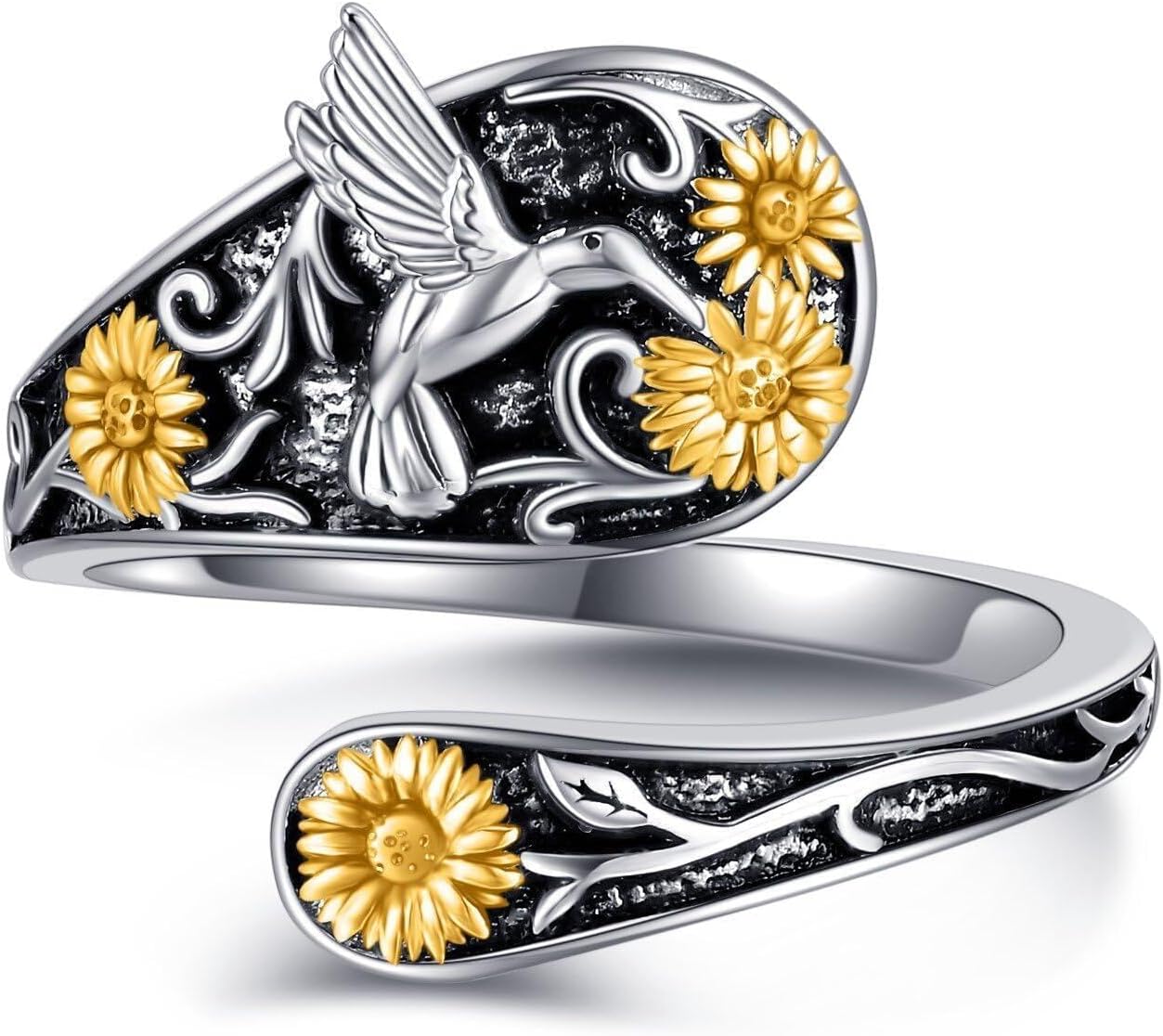 Hummingbird Spoon Ring 925 Sterling Silver Hummingbird Sunflower Adjustable Rings Bird Jewelry Present for Women Mom (US8)