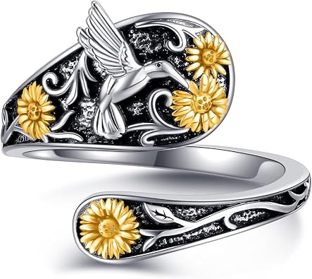 Hummingbird Spoon Ring 925 Sterling Silver Hummingbird Sunflower Adjustable Rings Bird Jewelry Present for Women Mom US8
