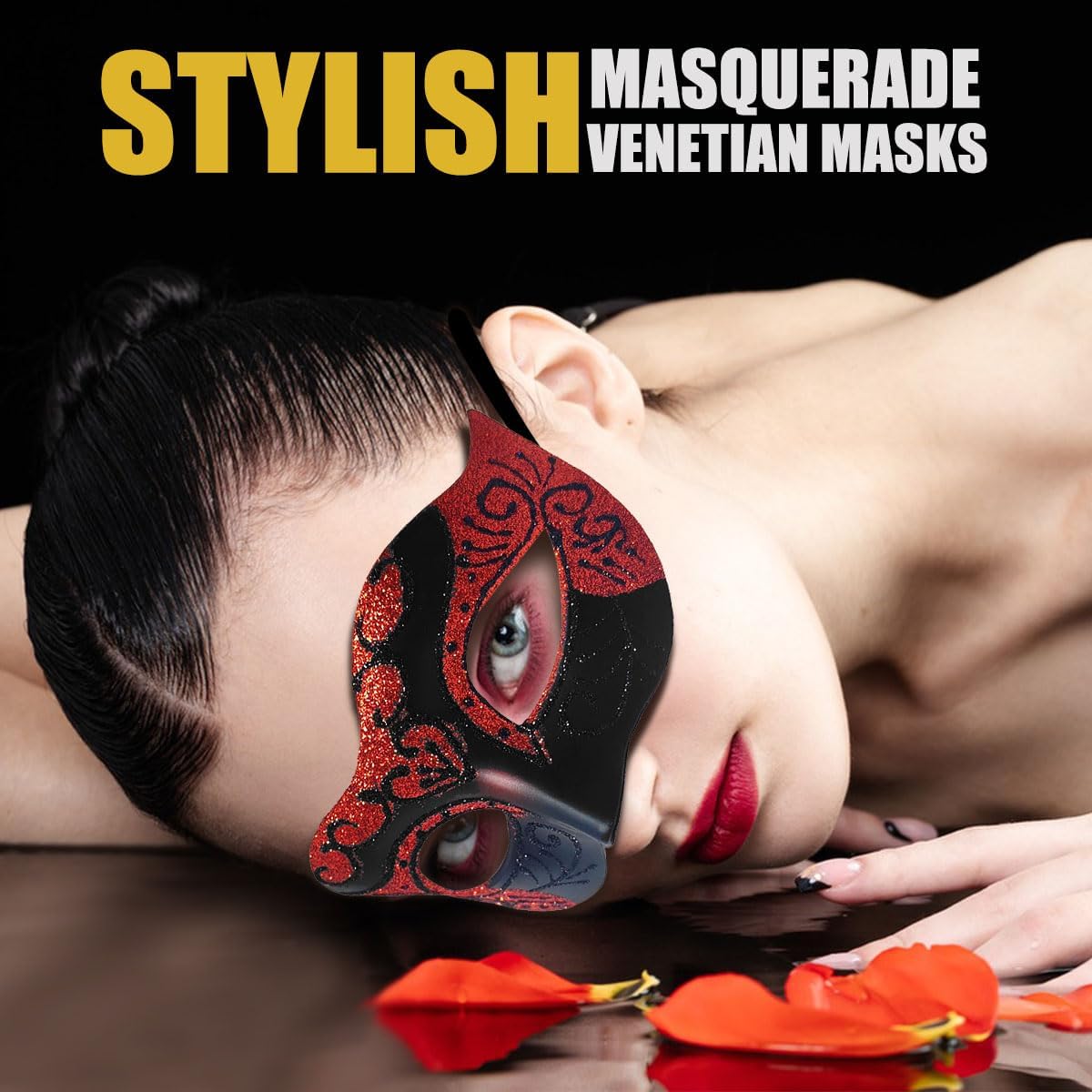 Masquerade Mask for Women Men Couple Venetian Mask Vintage Retro Mask for Halloween Costume Party Mardi Gras (Black Red) - Image 3
