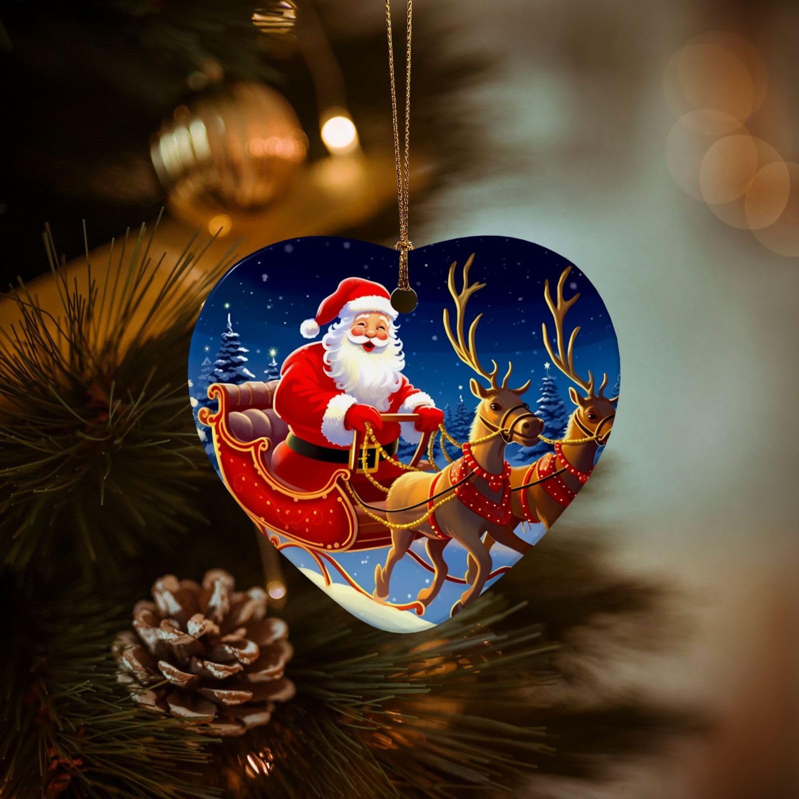Christmas Tree Ornaments Ceramics Christmas Decorations Santa on Sleigh Ornaments with Gold Ribbon Porcelain Xmas Tree Crafts Heart Shape Hanging Pendant for Christmas Tree Party Decor