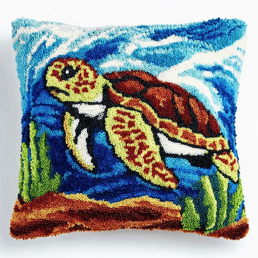 AxiangziK Latch Hook Cushion Kits,Sea Turtle DIY Needlework Pillow Cover Cushion Rug Making Kit,17X17Inch Handmade Embroidery Kits, Decorative Throw Pillow Cover for Sofa Cushions, Bedroom Decor