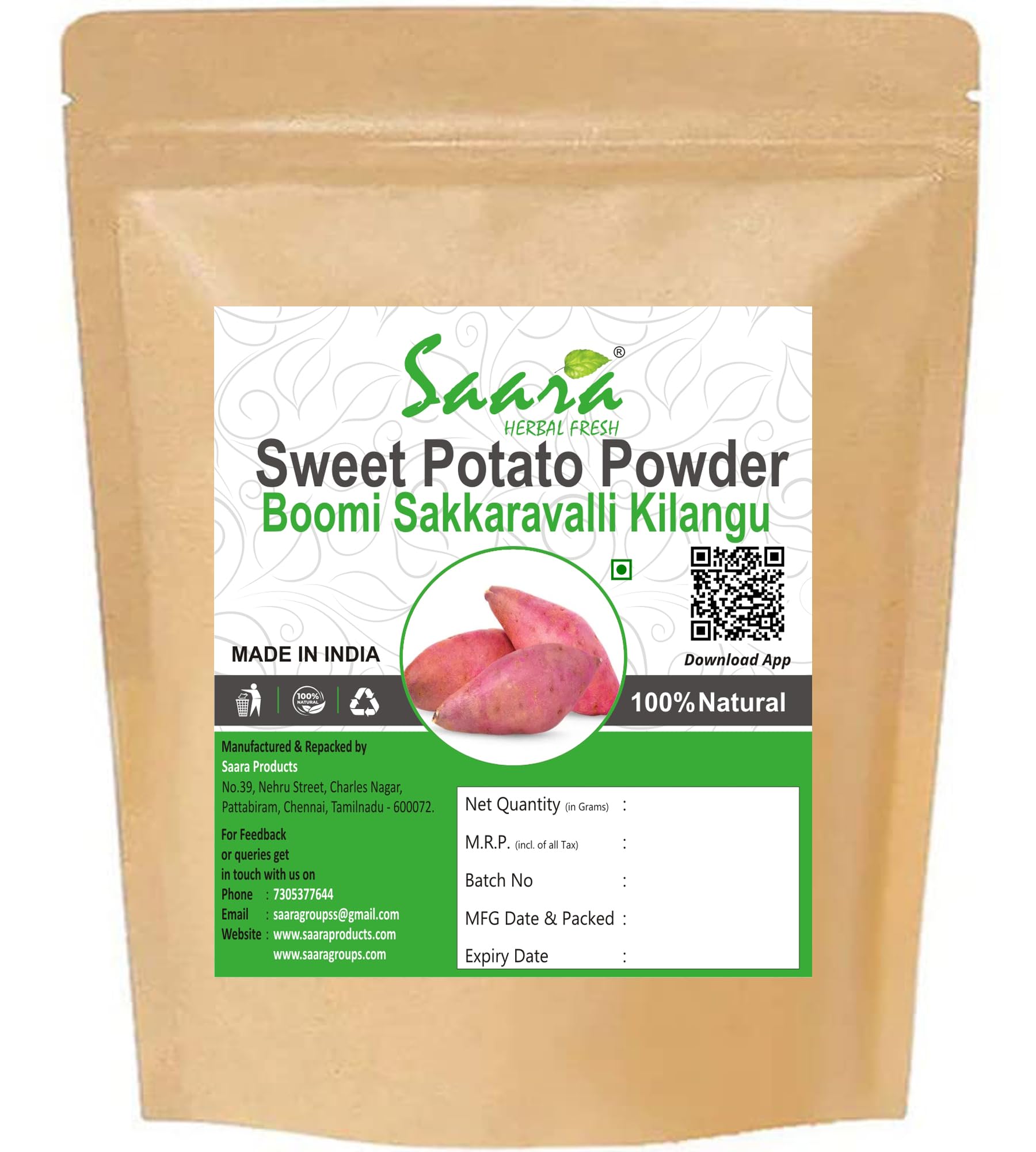 Saara HERBAL FRESH Sweet Potato Powder70g,Boomi Sakkarai Kizhangu Powder, Shakarkand, Mathura Kizhangu, Ratalu Shakarkand Powder, 70g