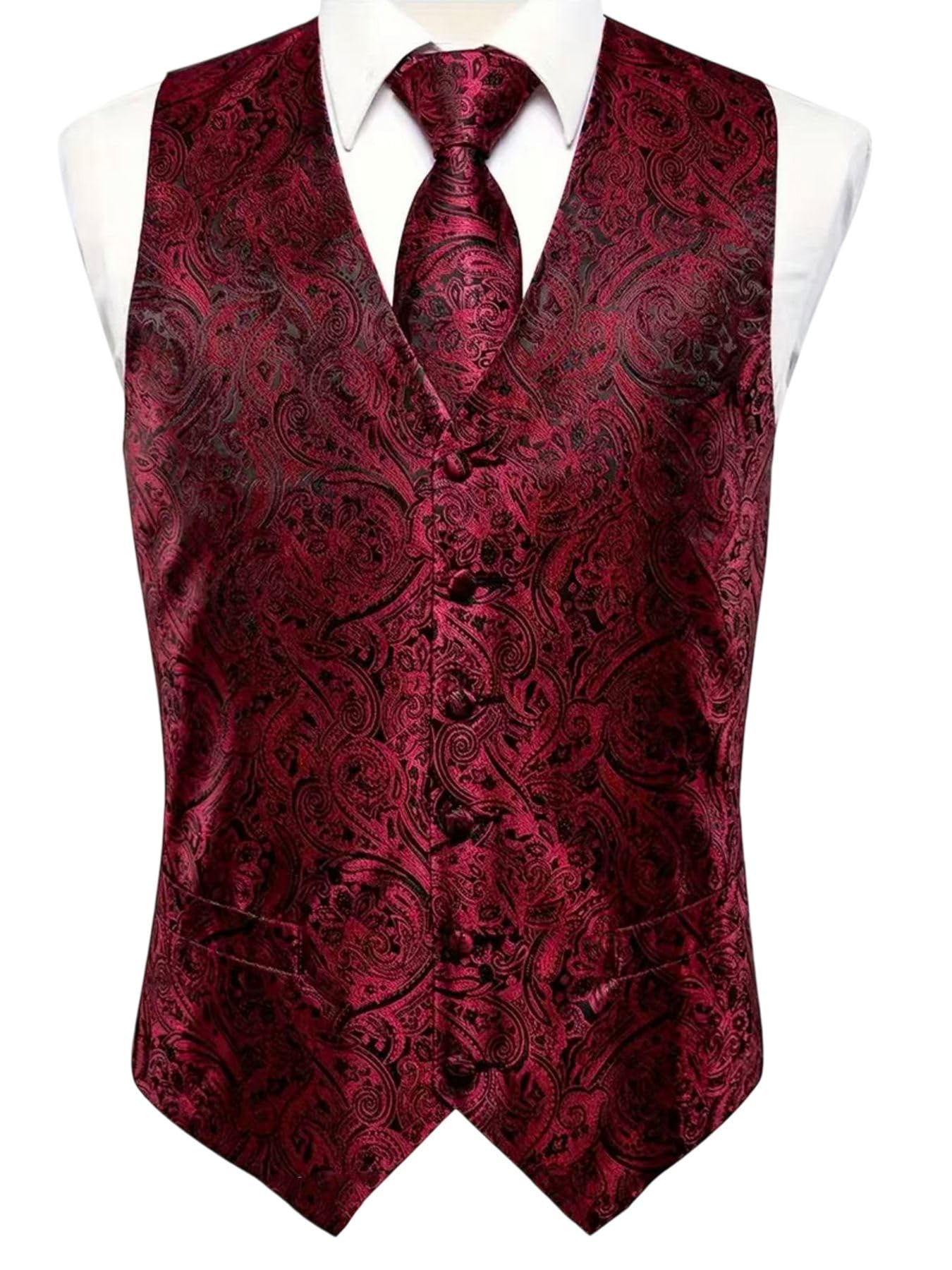 Męska kamizelka garniturowa Paisley żakardowa jednorzędowa slim fit z wiązaniem poszetką na wesela i formalne wydarzenia