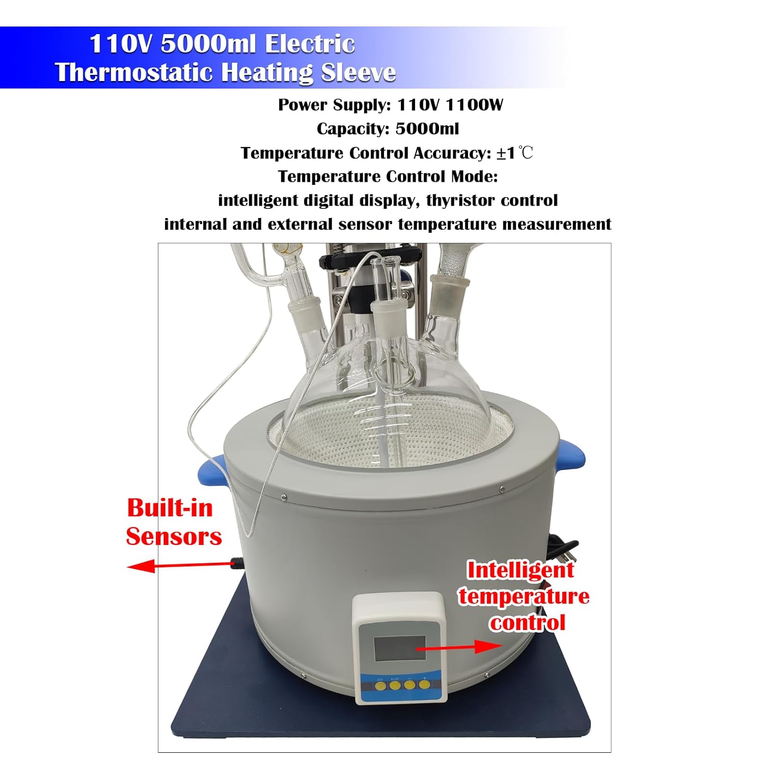 5L Single-Layer Glass Reaction Kettle, Lab Borosilicate Glass Jacketed Reactor, 304 Stainless Steel Chemical Reaction Vessel, Stepless Speed Regulation for Stirring Distillation & Mixing