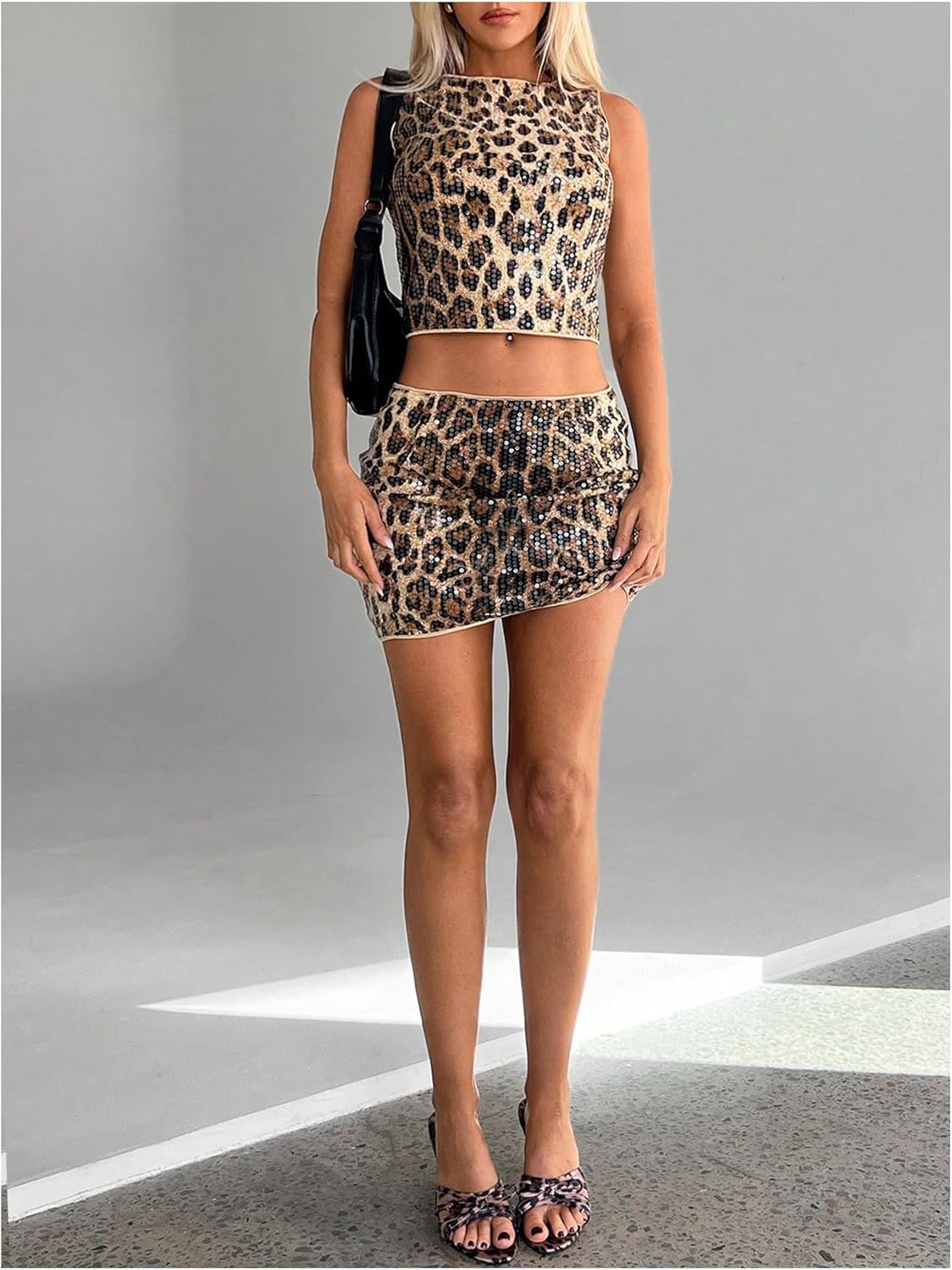 SHENHE Women's Sparkly Sequin 2 Piece Outfits Leopard Crop Tank Top Mini Skirt Y2k Set Clubwear - Image 5
