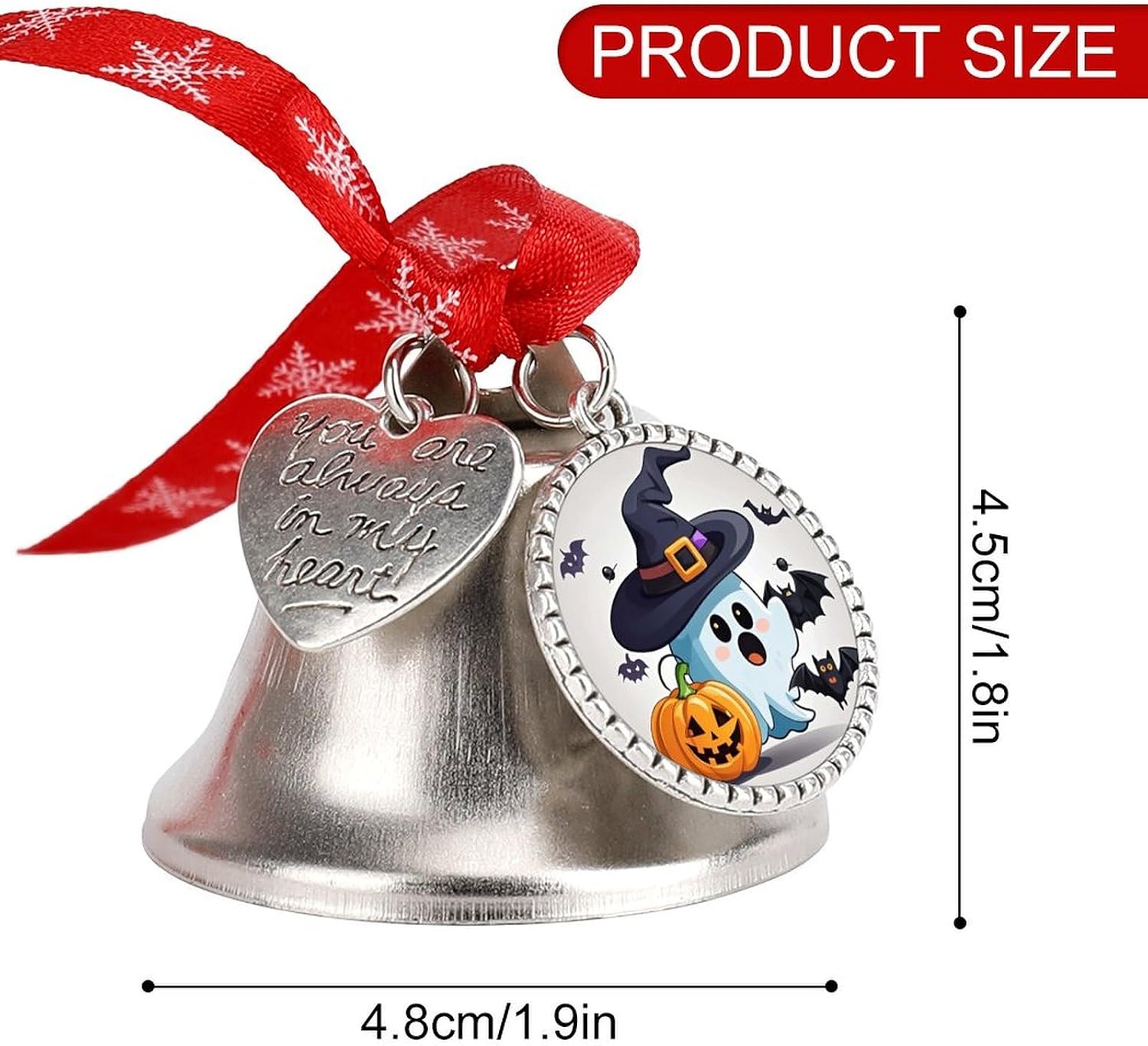 Christmas Bell Halloween Ghost Jingle Bell with Love Pendant Christmas Ornament Metal Vintage Bells Christmas Tree Hanging for Holiday Party Decoration