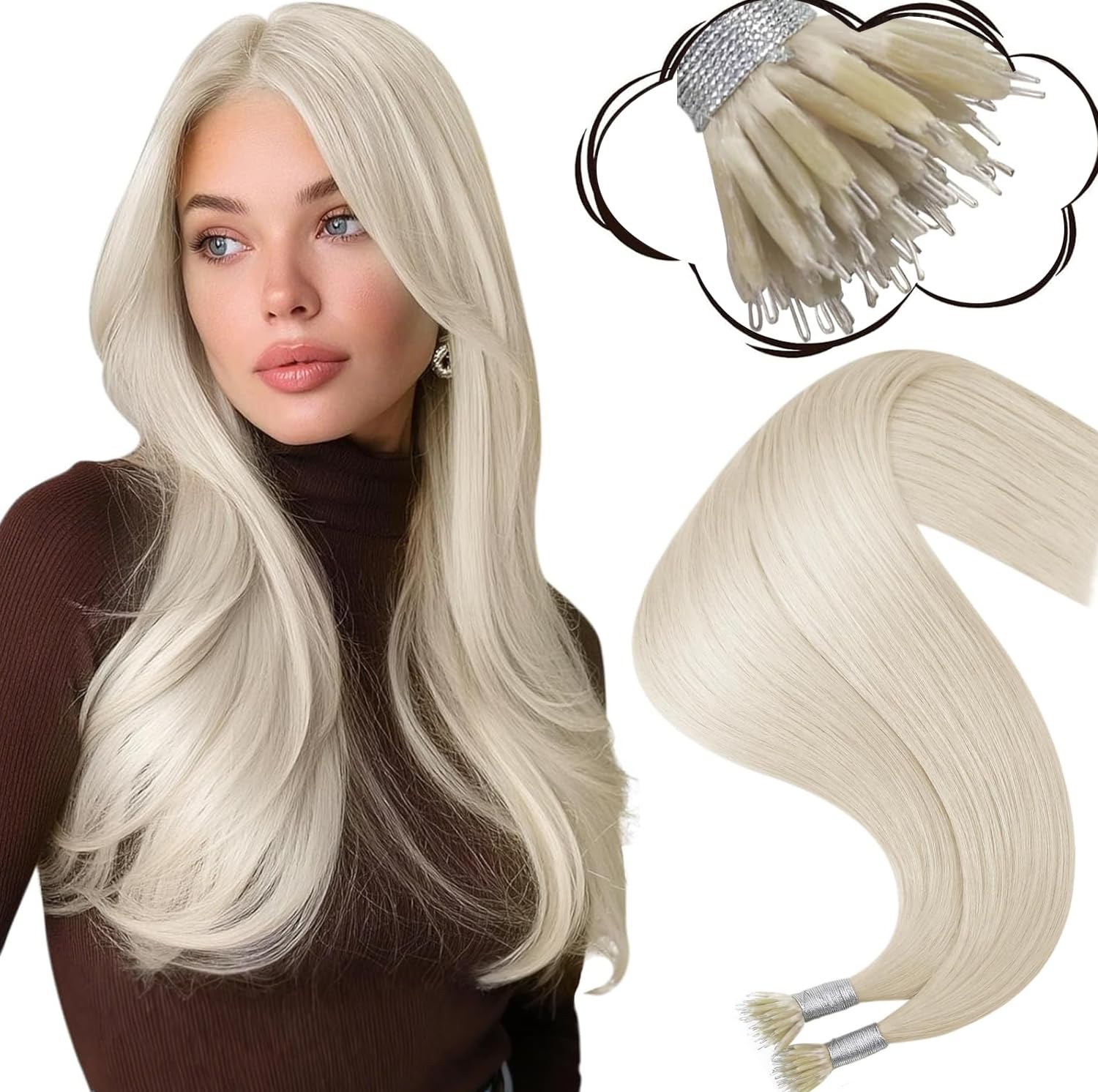 Moresoo Nano Hair Extensions Real Human Hair 16 Inch 50g/Pack Ash Blonde Highlight Nano Beads Hair Extensions Human Hair 1g/s Remy Straight Hair #P18/613 — view 39