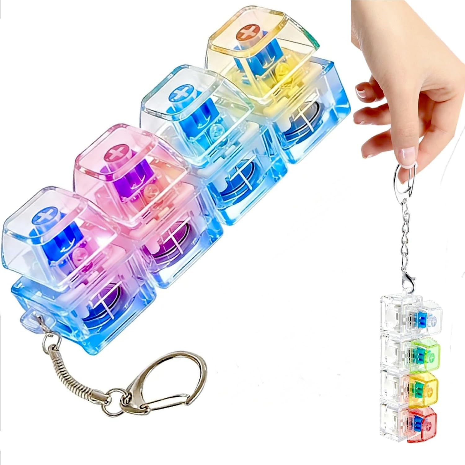 shaktism 4 in 1 rgb mechanical keyboard switch keychain with led light, transparent crystal, stress relief fidget toy for kids and adults