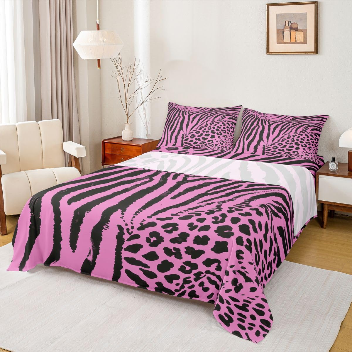 Homewish Zebra Leopard Print Prześcieradła Podwójne Paski Zebra Zestaw Pościeli Gorący Różowy Estetyczny Nadruk Zwierząt Zestaw Pościeli - Czarne Abstrakcyjne Geometryczne Linie Dopasowane Płaskie