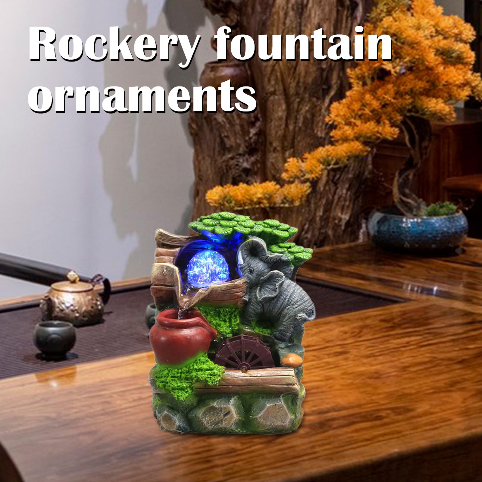 Fontaine De Salle Cascade d'Intérieur avec Boule Roulante en Polyrésine - Éléphant Roche pour Table de Jardin à Eau 23x18x13cm