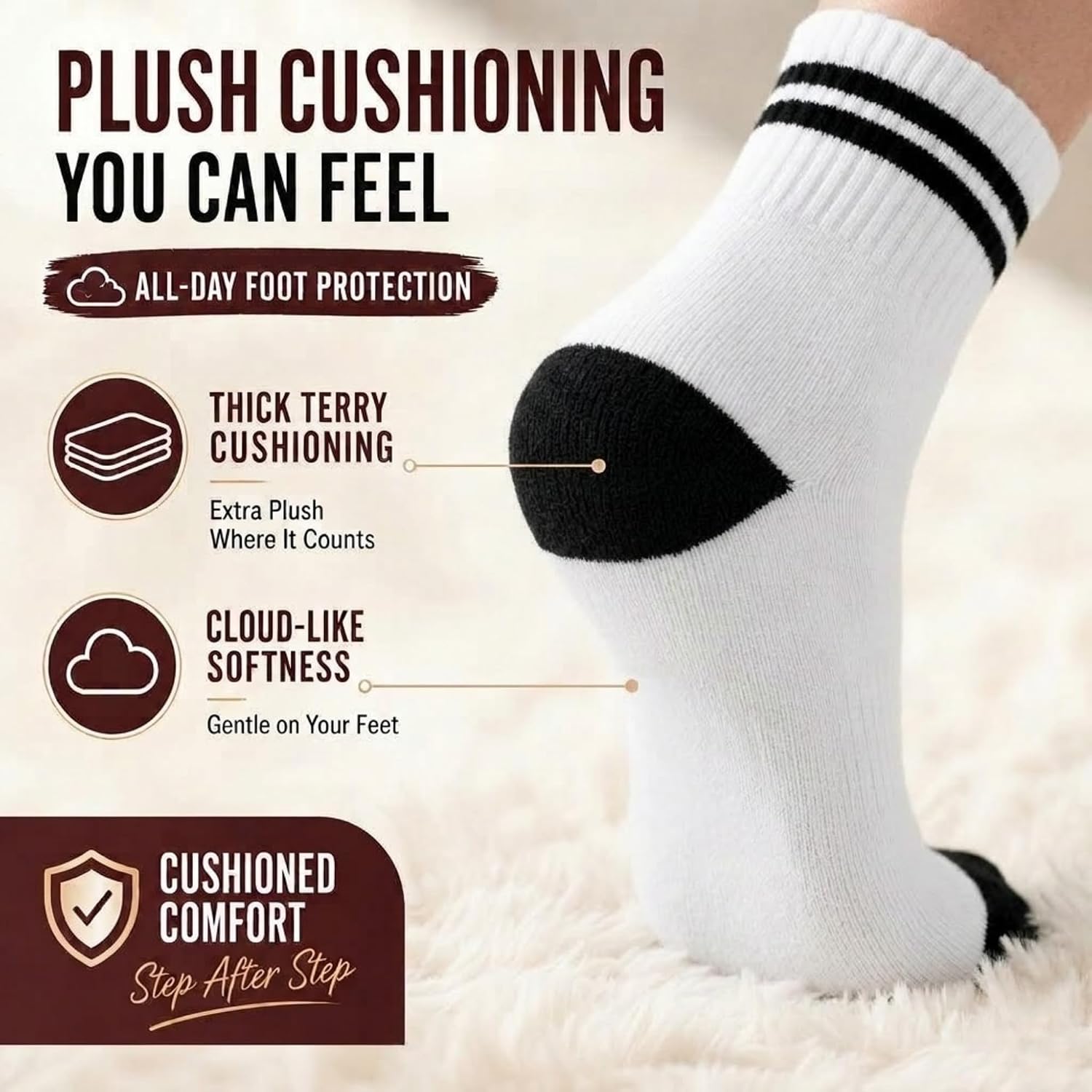 Forever Bambe Mini Crew Socks for Women 4-Pack Cushioned Bottom Retro Striped Socks - Athletic Women's Short Calf Sock